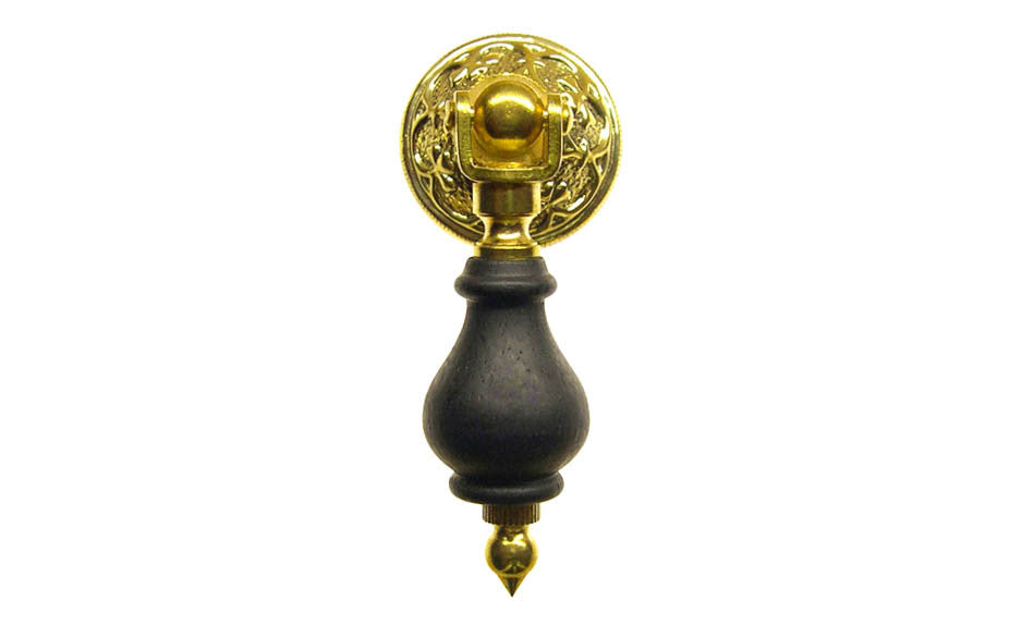 Ebonized Wood Drop Pull with Brass Rosette