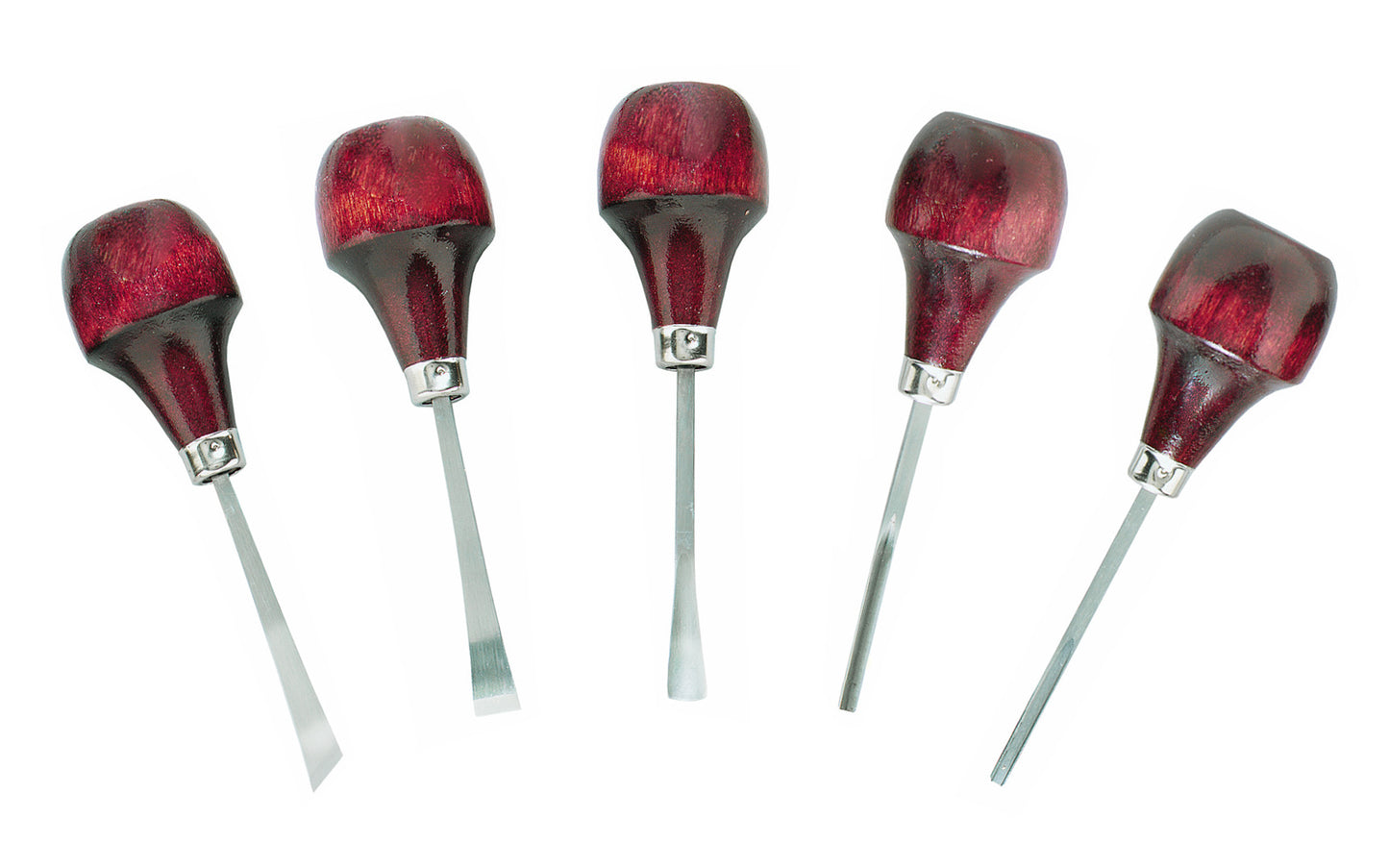 Palm Handled Carving Tool Set ~ 5 Piece Chisel Set ~ General Tools ~ Made in USA · Straight, right hand skew, V parting tool, small gouge, large gouge included ~ Small-sized chisels excellent for fine detail work ~ Hardwood handles