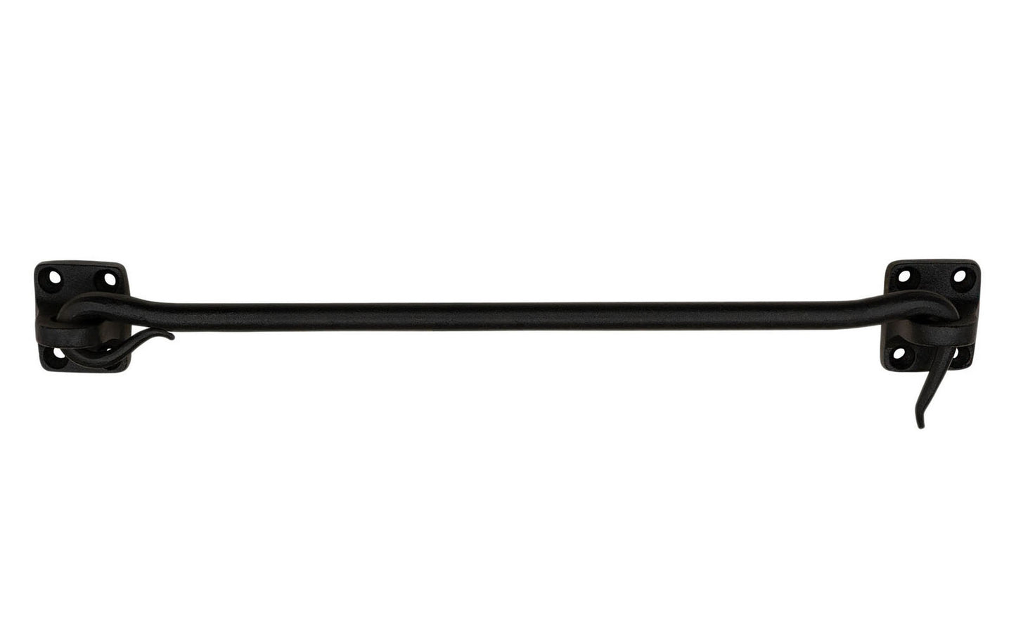 A rustic-looking hook and eye that's hand forged with a black powder coated finish to resist rust. Made of hand forged steel material with a black finish, it has a nice durable & strong feel. This piece of hardware is great for shutters, gates, or doors - Model 088425 - 12" overall length - Black Forged Hook & Eye