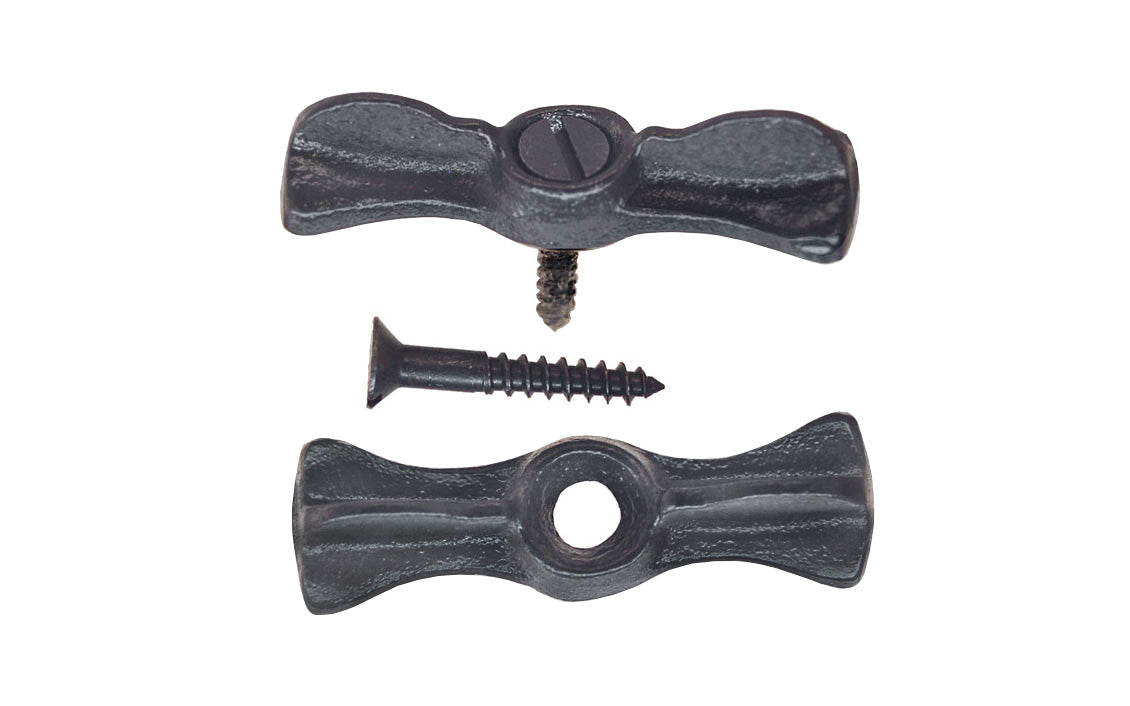 Cast Iron Utility Turn Buttons - Pair. These traditional & quality turn-buttons are great for multiple uses such as on hanging screens, sash hangers, windows, & even cabinet doors and other cabinetry uses. 2" length turnbuttons. They have a black (Japanned) finish on cast iron material.