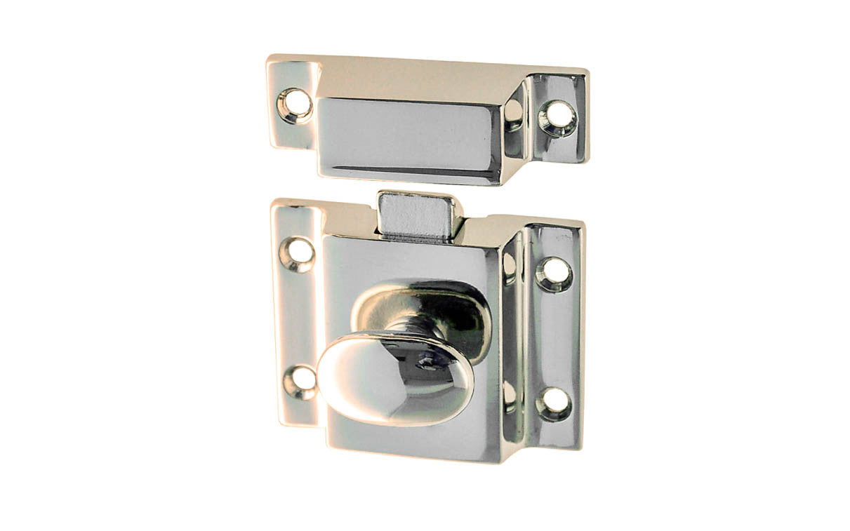 Vintage-style Hardware · Traditional & Solid Brass Cupboard Cabinet Latch ~ Large Size. 2-1/8" high x 1-5/8" wide. Made of solid brass material ~ Durable & strong spring loaded mechanism ~ Excellent for kitchens, cabinets, furniture, cupboards, bathrooms. Authentic reproduction hardware. Polished Nickel Finish