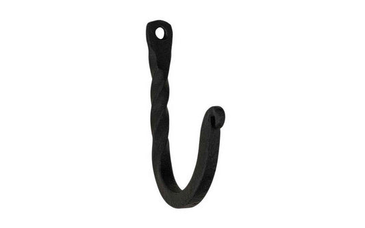 Hand-Forged Twisted Hook ~ 2-1/2" Long ~ A rustic-looking twisted hook that's made of hand forged steel. It has a black powder coated finish that resists corrosion. This rustic hook is great for many versatile uses both indoors & outdoors. 2-1/2" overall length & 1-5/8" projection. Great for bathrooms, kitchens, hallways, bedroom, entryways - Old Twisted Hook