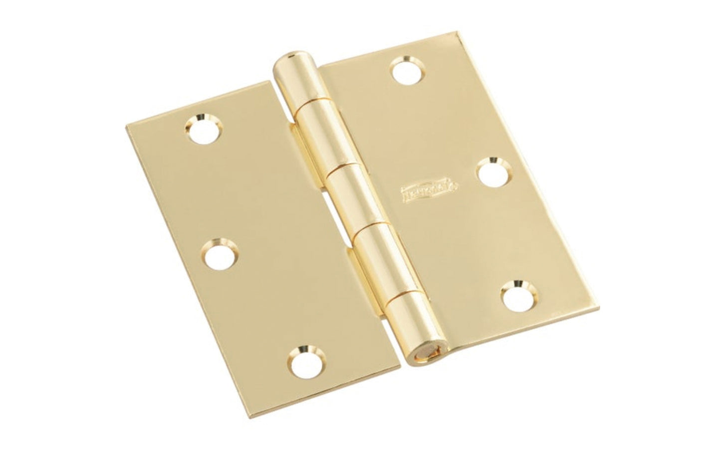 3-1/2" Bright Brass Door Hinge with square corners & a removable pin. Bright Brass finish on steel material. Countersunk holes. Includes flat head screws. 3-1/2" x 3-1/2" door hinge size. Five knuckle, full mortise design. National Hardware Model No. N830-212. 886780009521