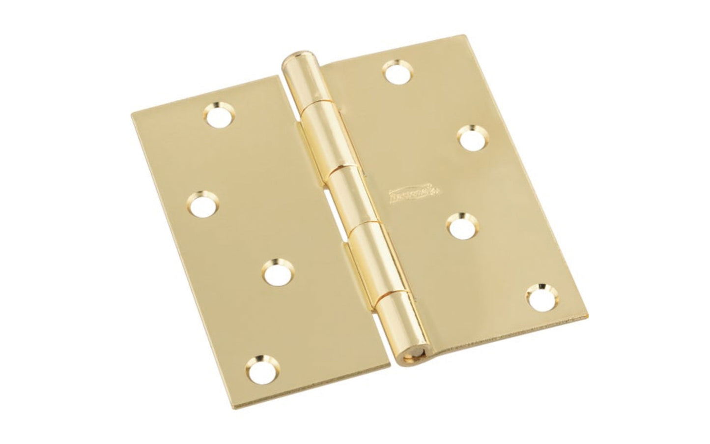 4" Bright Brass Door Hinge with square corners & a removable pin. Bright brass finish on steel material. Countersunk holes. Includes flat head screws. 4" x 4" door hinge size. National Hardware Model No. N830-213. 886780009538
