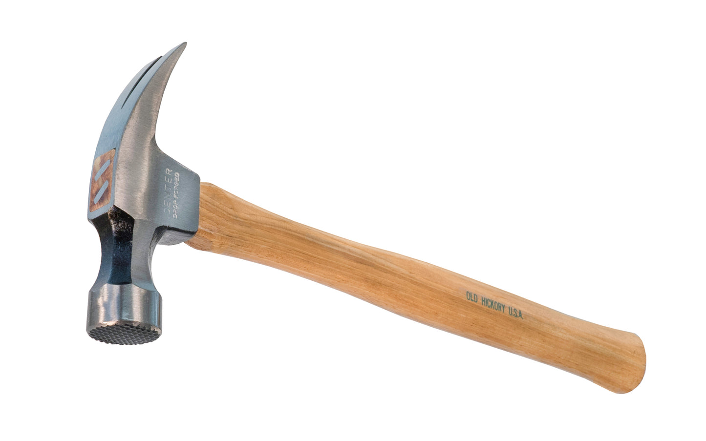 A Japanese 20 oz Mill Face Rip Hammer with Hickory Handle. Mill waffle face. 15-1/2" overall length. Head made in Japan. Handle made from American Hickory. Mill waffle face.