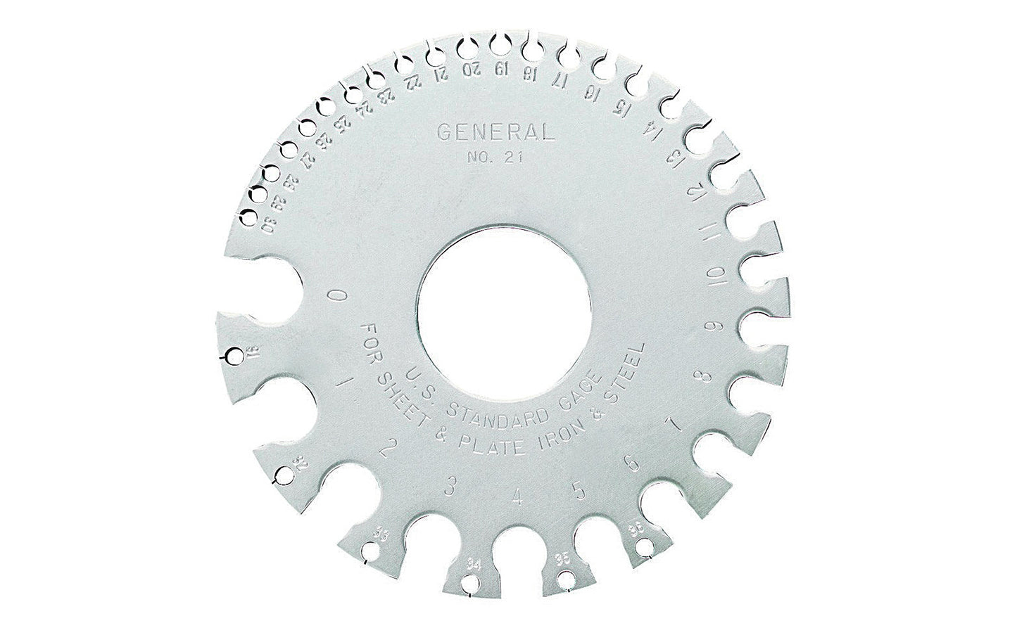 US Standard Sheet Metal Gage ~ Made of heavy gage, hardened steel ~ Decimal equivalents on the reverse side ~ Gages numbers are in US Standard. Numbers 0 to 36 (.325" - .007") ~ General Tools Model 21 ~ 038728220417