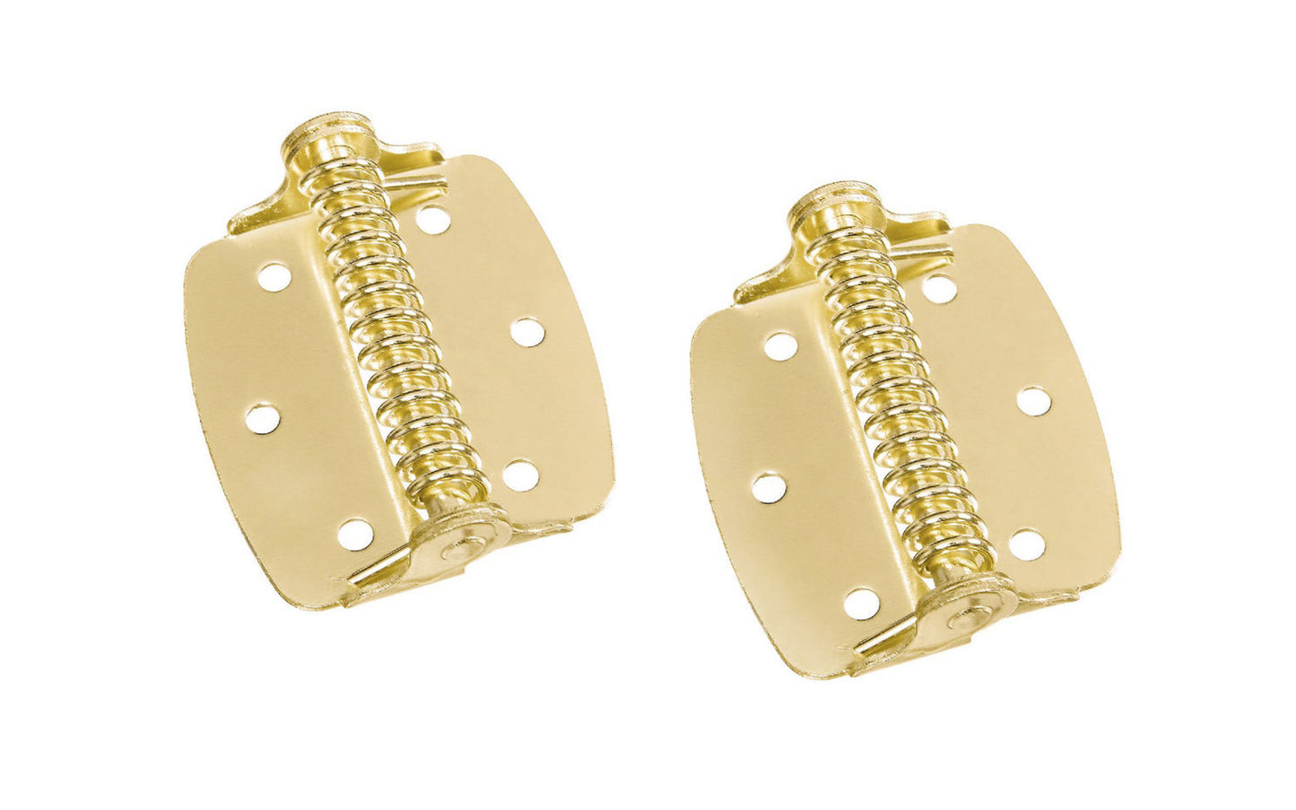 A pair of full surface hinges with springs, for screen doors & other self-closing doors. Spring-loaded & made of steel material with a brass plated finish on steel. 2" size of each hinge. Sold as pairs. National Hardware N240481. 038613240483