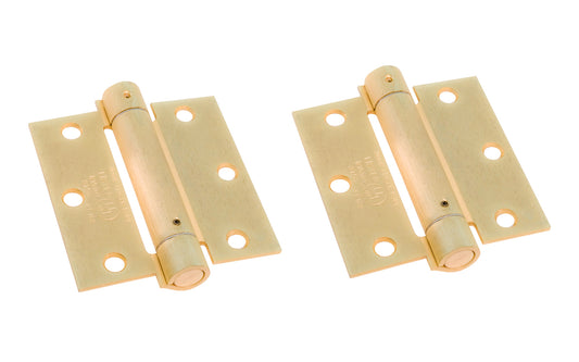 3-1/2" Brass Finish Spring Hinge is designed for hanging self-closing doors in basements, stairways, garages, & entrances, etc. Can be used in residential, commercial, & apartment buildings. Hinge is UL approved. Closing speed is adjustable. Fits standard hinge cutout. Square corner automatic door-closing spring hinge. Satin Brass Finish on cold-rolled steel material. Sold as two hinges in pack.  Ultra Hardware No. 35341