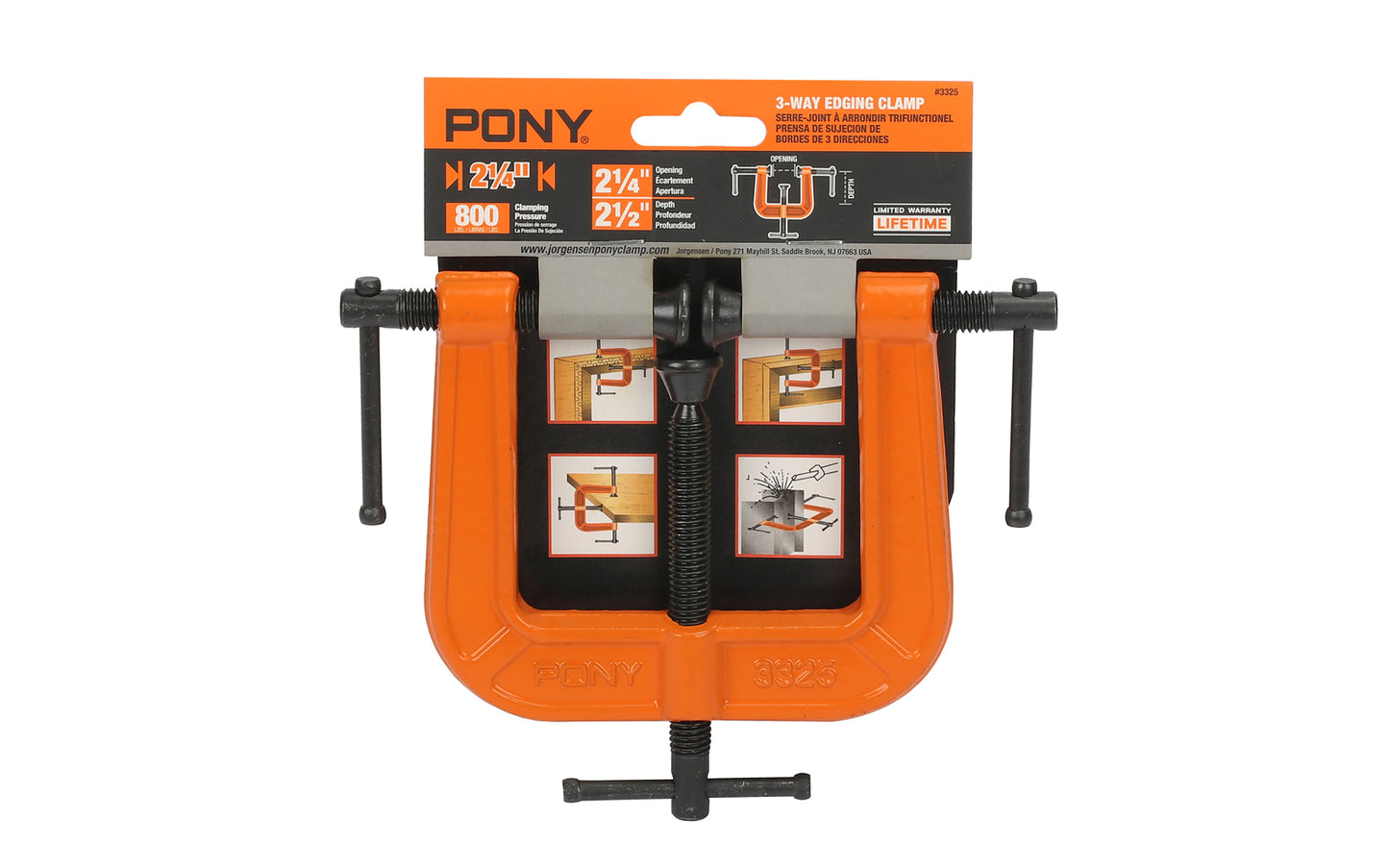 Pony 3-Way Edging Clamp ~ 2-1/4" Opening - 2-1/2" Depth - Pony / Jorgensen Model No. 3325 - Ideal for gluing, trimming, molding, welding, veneer edge banding, fastening & other types of clamping