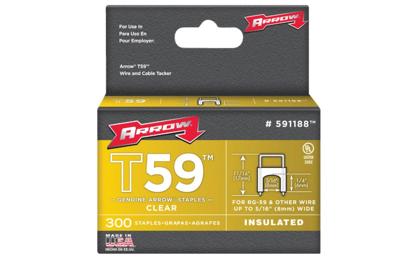 Arrow T59 Insulated Cable Staple for use with Arrow staple gun. For RG-59 and other wire up to 5/16" wide. Made in USA.