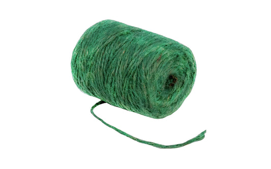 3-Ply Twine Green Natural Jute Fiber - 208'. Biodegradable, low stretch twine with no added chemicals. Ideal for gardening, arts & crafts projects, wrapping gifts, & other general household applications. Green color. Working load limit is 5 lbs. 3 Ply Natural Jute Fiber