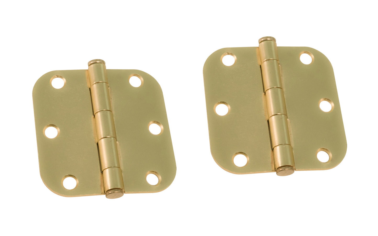 A pair of 3" Satin Brass Door Hinges with 5/8" radius corners & a removable pin. Satin Brass finish on steel material. Countersunk holes. Includes flat head screws. 3" x 3" door hinge size. Five knuckle, full mortise design. Ultra Hardware No. 96615.