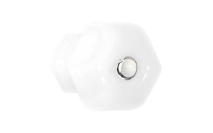 Vintage-style Hardware · Classic & original-style hexagonal glass cabinet knob with a silver pan head thru-bolt. Made of genuine glass. "Translucent White - Opal" color glass. Includes silver pan thru-bolt. Reproduction hexagonal classic glass knob. Traditional hex glass knob. 1-1/2" Diameter