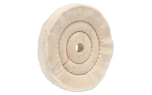 The 4" Cushion Sewn Buffing Wheel ~ 3/4" Thick is ideal for light cutting & coloring (polishing). 4" diameter of wheel. 1/2" hole diameter. Made in USA. Dico Polishing Company 528-41-4