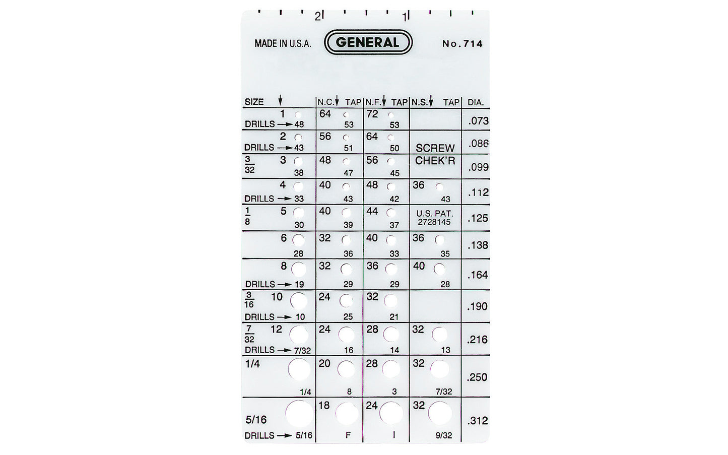 General Tools Screw Gauge ~ Made in USA · Model No. 714 ~ This handy screw thread gage quickly identifies thread pitch, tap size & drill bit size for machine & wood screws, self tapping screws, bolts & common rivets & cotter pins up to 5/16" (8 mm) ~ 3" plastic ruler for measuring screw lengths ~ 038728350183
