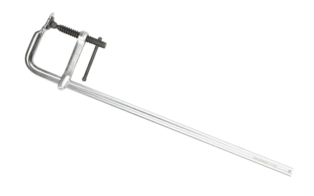 Jorgensen 18" x 3" Drop-Forged Bar Clamp - No. 75318 ~ Sliding steel pin - 18" max opening - 3" throat depth - 450 lbs. clamping pressure - The drop-forged steel bar is chrome plated to ward off rust longer, & a heat-treated acme screw ~ 044295753180