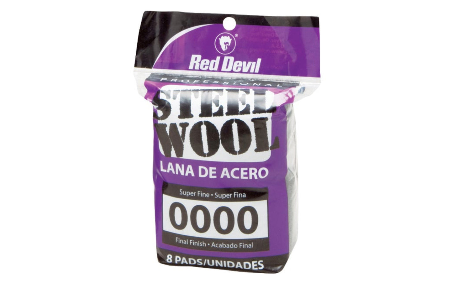Red Devil #0000 Super Fine Steel Wool, 8 Pack. Final finish use steel wool. Good for smoothing shellac, lacquer or varnish before final top coat, buff furniture & woodwork - rubs out a high luster finish, clean windows & glass without water or cleaners, remove rust from chrome, clean hand tools. Made by Red Devil, Inc.