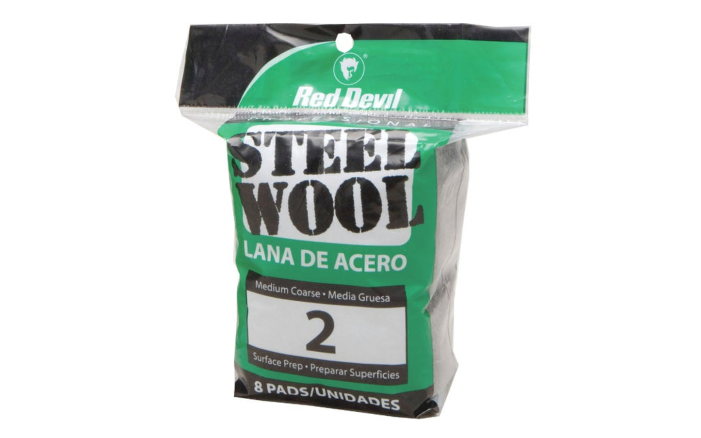 Red Devil #2 Medium Coarse Steel Wool - 8 Pack. General purpose use steel wool. Good for surface preparation, removing scratches & burrs from brass & copper, removing paint from moldings & corners, removing lacquer & varnish finishes, removing paint from glass & tile, etc. Made by Red Devil, Inc.