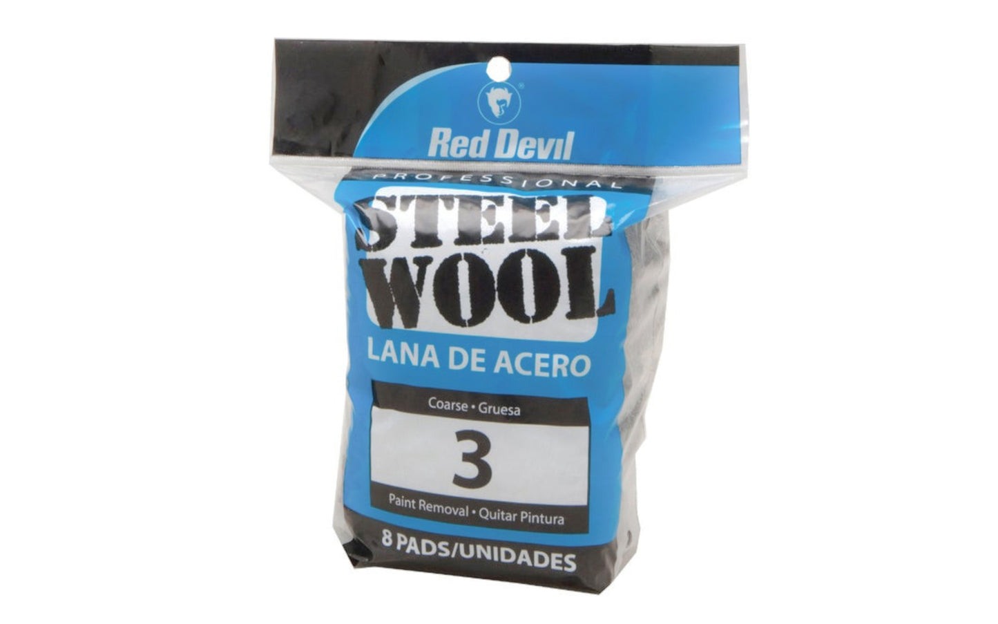 Red Devil #3 Coarse Steel Wool - 8 Pack. General purpose use steel wool. Good for varnish & paint removal, cleaning stone & brickface, removing rust from metal & tile, striping old paint, varnish & lacquer from wood surfaces, cleaning tools, etc. Made by Red Devil, Inc.