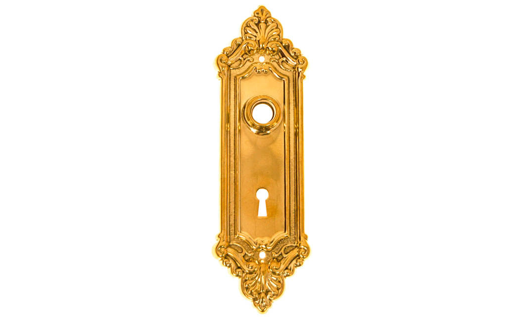 Ornate Brass Escutcheon Door Plate with Keyhole ~ Lacquered Brass Finish