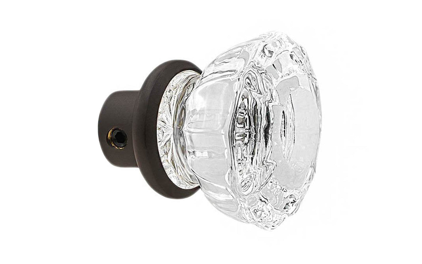 Single Classic Fluted Clear Glass Doorknob. A high quality & genuine glass doorknob with an attractive fluted design. The sparkling center point under glass amplifies reflected light to showcase beautiful facets. Solid brass base. Reproduction Glass Door Knobs. Traditional Fluted Glass Knobs. One knob. Oil Rubbed Bronze Finish.