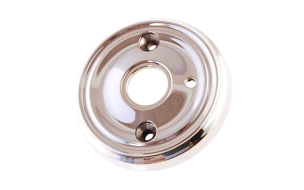 Classic Solid Brass Rosette ~ Privacy (Locking) ~ Polished Nickel Finish ~ Vintage-style Hardware · Classic & traditional ~2-3/4" diameter doorknob rosette ~ Solid brass ~ For solid doors, or modern pre-bored doors (with piece #8873-C)