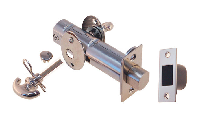 Traditional-style thumbturn deadbolt latch for doors. On the backside it has a special emergency slot for unlocking the door, plus a small rosette plate with an optional plug to cover up the hole - Polished Nickel Finish