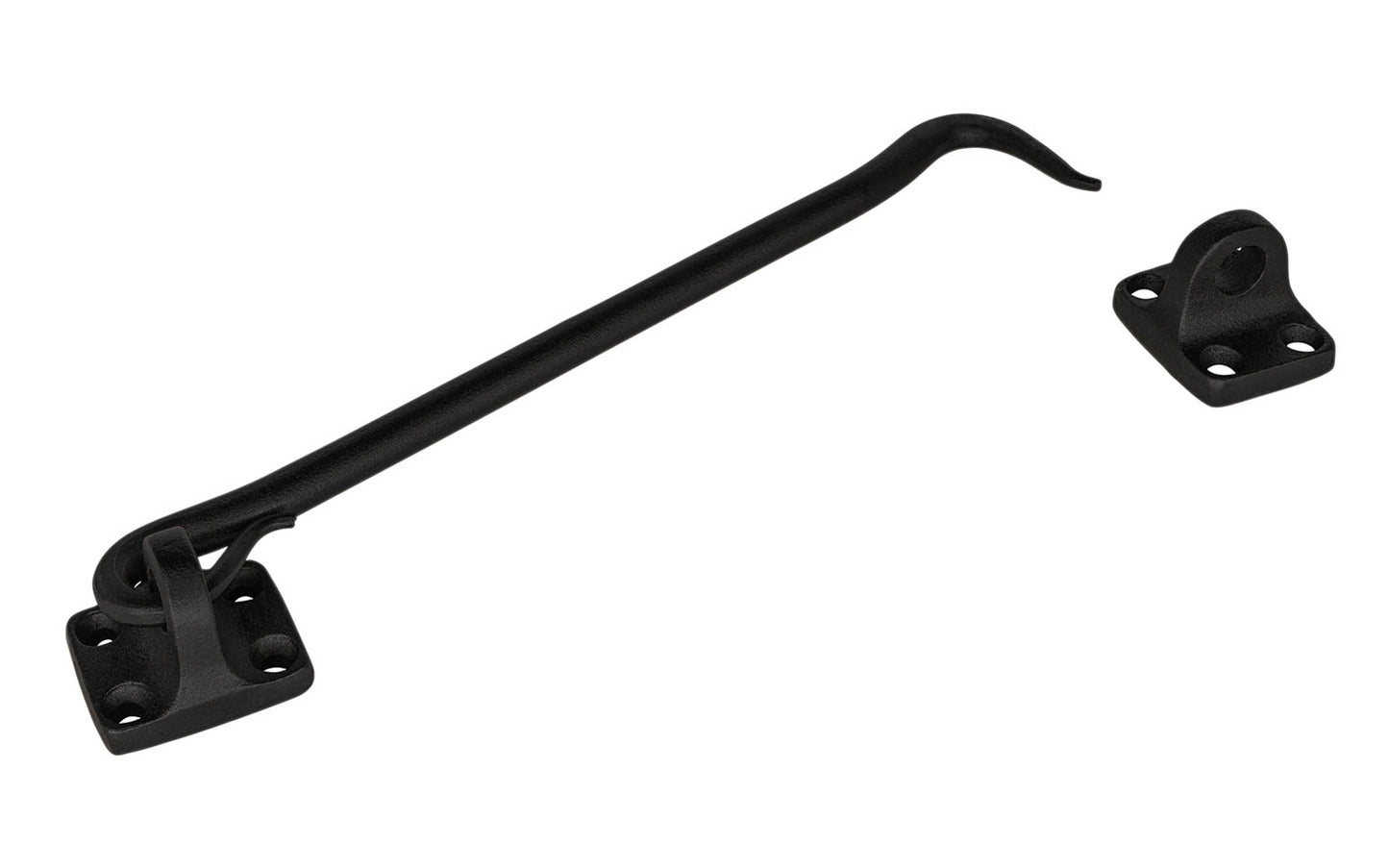 Hand-Forged Hook & Eye ~ 8" Long ~ A rustic-looking hook and eye that's hand forged with a black powder coated finish to resist rust. Made of hand forged steel material with a black finish, it has a nice durable & strong feel. This piece of hardware is great for shutters, gates, or doors - Model 088427