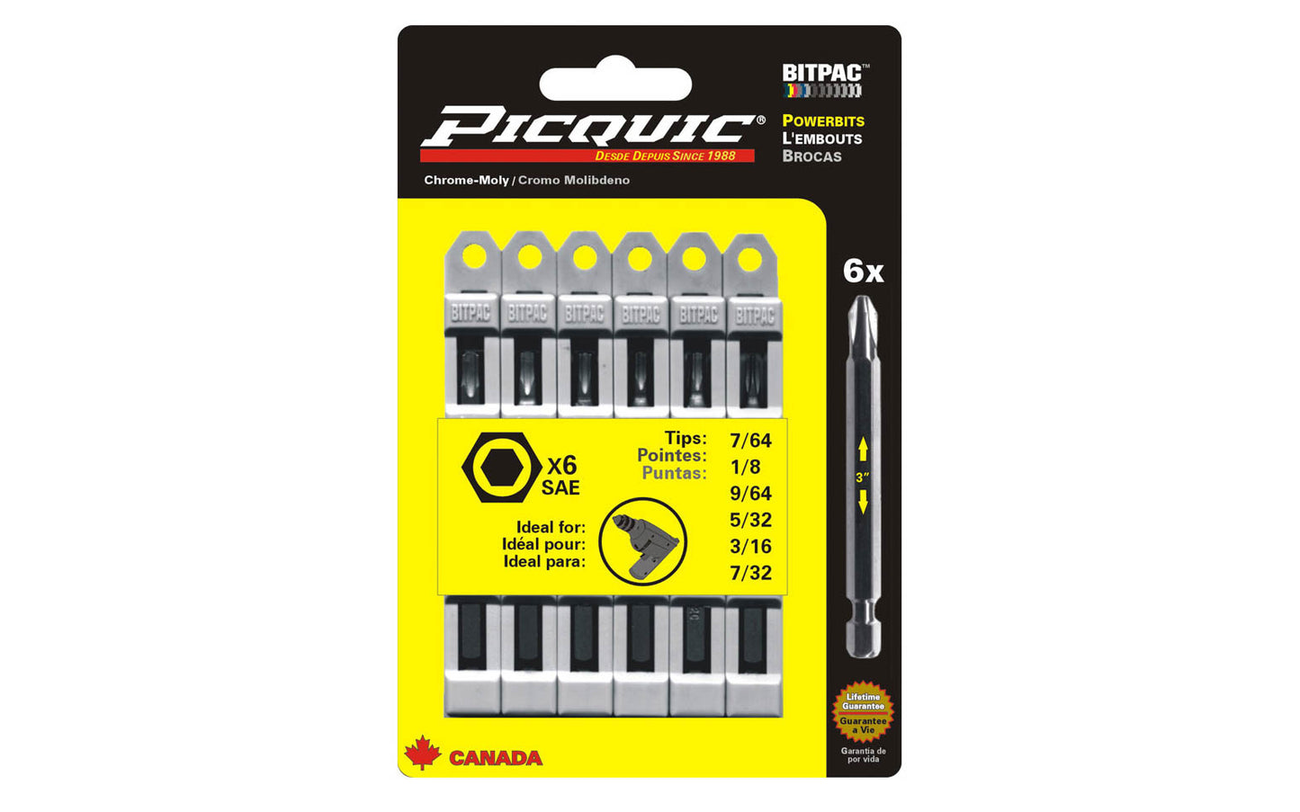 Picquic 6-piece SAE Allen Key Powerbit Set with sizes 7/64", 1/8", 9/64", 5/32", 3/16", 7/32" SAE Allen Key drive bits. Replacement bits for Picquic screwdrivers & also good for use in drills & impact drivers. 1/4” hex ball power shank. 057369950019