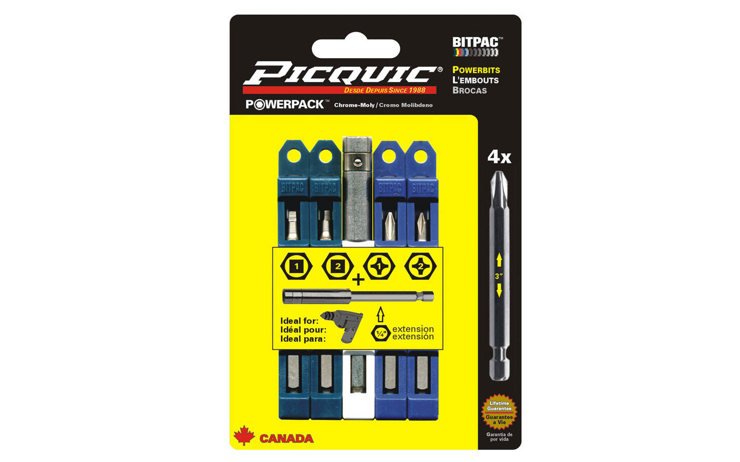 Picquic 5-piece Powerbit & Extension Set with sizes #1 & #2 phillips bits, #1 & #2 square bits, & 4" extension bits. Replacement bits for Picquic screwdrivers & also good for use in drills & impact drivers. 1/4” hex ball power shank. 057369950989