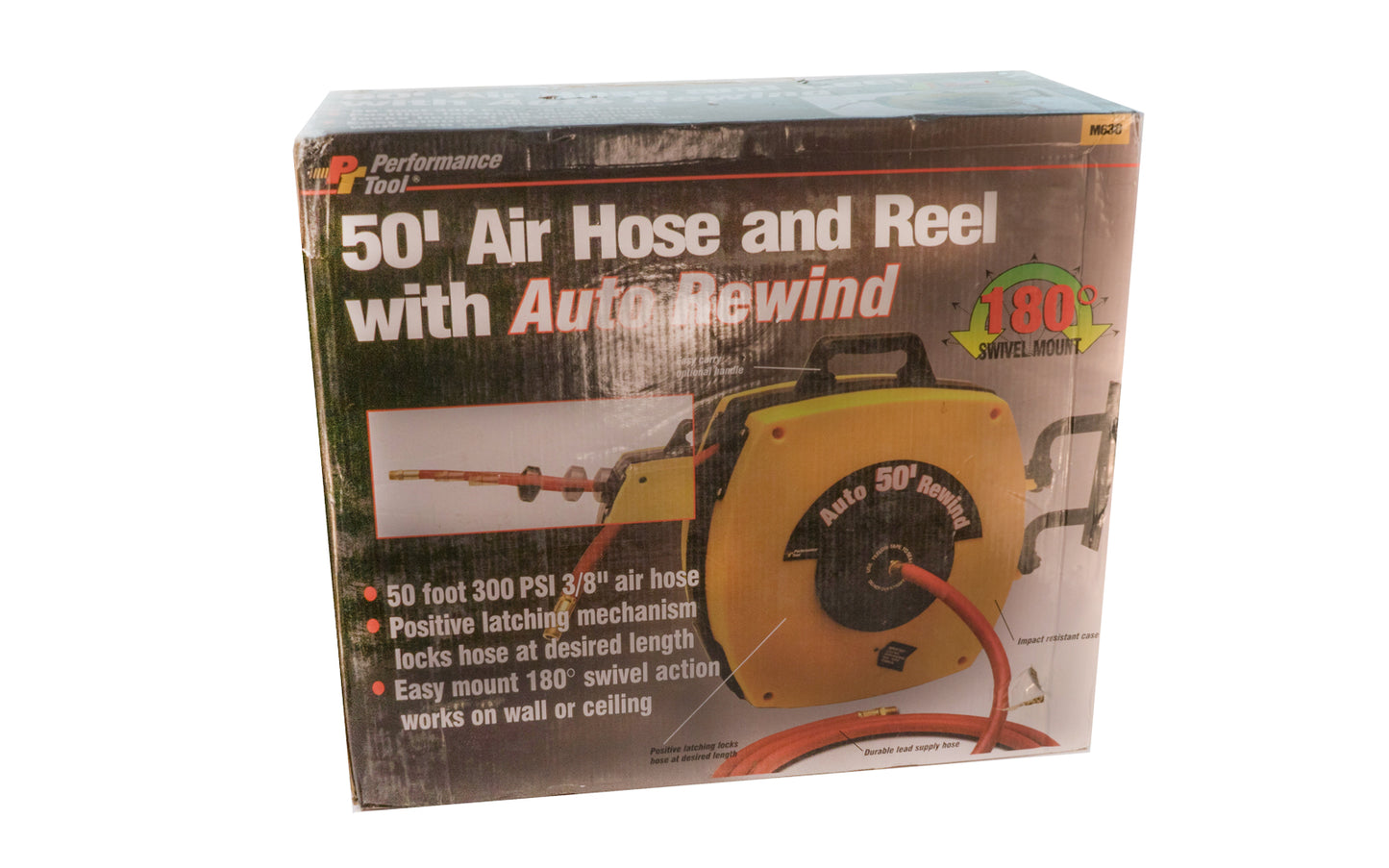 50' Air Hose & Reel with Auto Rewind. Positive latching mechanism locks hose at desired length. Easy mount 180 degree swivel action works on wall or ceiling. 50' 300PSI 3/8" air hose. 039564506307