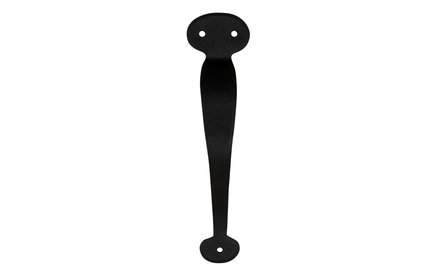 A hand-forged "Bean Style" door pull handle. Steel material with a black finish, it has a nice durable feel. Traditional-looking piece of hardware is great for doors, gates, & large cabinets. Powder coated to resist rust. Oval tips - Early-American Style - Cast Iron - 8" overall length - Model 88492 - Oval Style