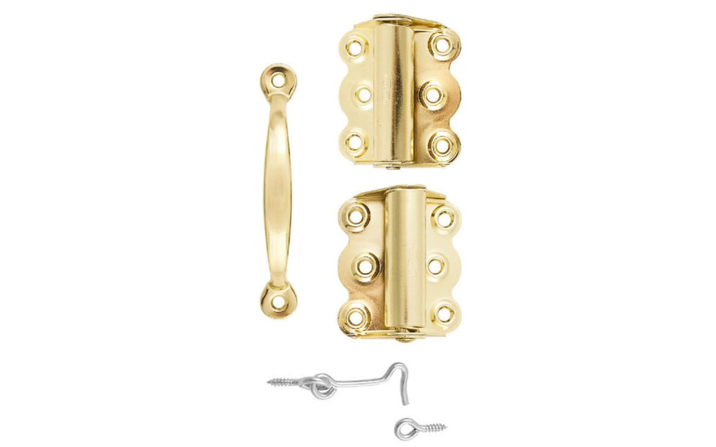 Brass Plated Steel Screen / Storm Door Set is designed for wood screen & storm doors. Contains a pair of brass plated 2-3/4" full surface spring hinges, a brass plated screen door handle pull with 4-1/4" on centers, & a hook & eye. The tight pin with enclosed spring is for right or left hand applications.