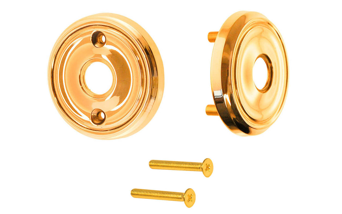 Classic Solid Brass Rosette Set ~ Passage (Non-Locking) ~ Lacquered Brass Finish ~ Vintage-style Hardware · Classic & traditional ~ 2-3/4" diameter doorknob rosettes ~ Made of solid brass material ~ For modern pre-bored (2-1/8" hole) doors