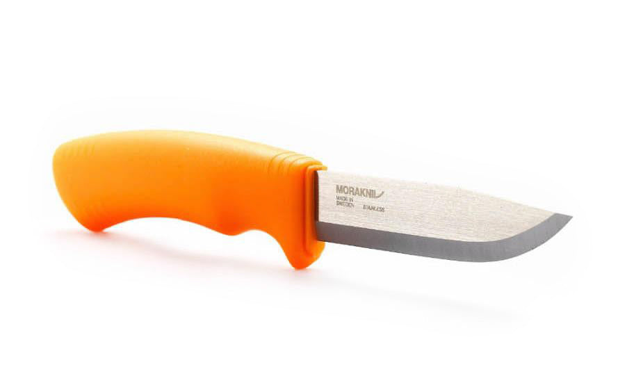 Mora Stainless Steel Bushcraft Knife ~ Visible Orange Handle ~  Made in Östnor, Sweden · Made of high quality stainless steel~ 4-1/8" long sharp fixed blade~ Extra thick 1/8" blade ~ High friction grip handle ~ Hefty & stout ~ Mora 12492 ~ 7391846016212