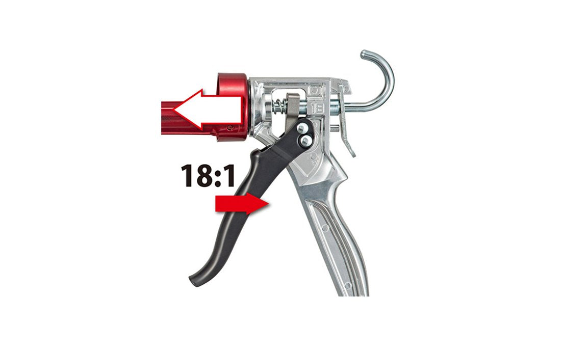 Tajima 'Convoy' Super 18 Caulking Gun for 10 Oz Tubes / 1/10 Gal. - "Convoy" Super 18 model - Great for dispensing thick, viscous materials - 360° rotating handle - Steel welded barrel ~ Extra long seal puncture pin - Super 18 Caulk Gun - Tajima Tools ~ Model No. CNV-100SP18