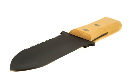 Made in Japan · Tough & durable carbon steel ~ 6" long blade ~ Beveled blade & serrated edge~ Tempered for heavy use ~ Very popular digging soil & weeding knife 