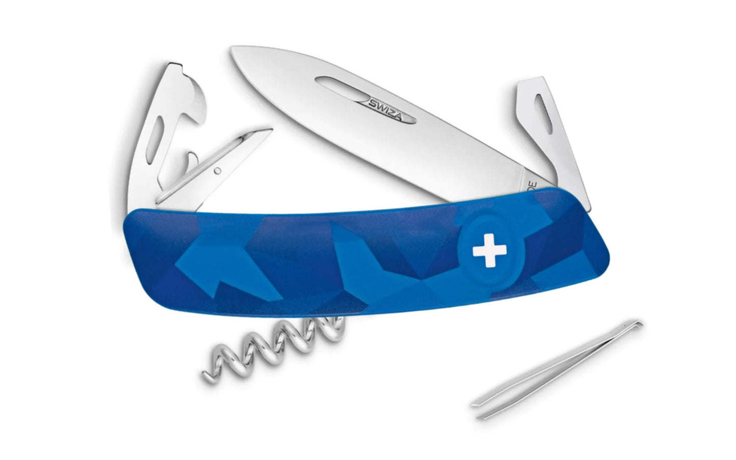 Swiza D03 Camo Blue Swiss Multi-Tool Knife. 3-3/4" closed length. Includes 75 mm blade, blade lock, reamer/punch, sewing awl, bottle opener, #3 slotted screwdriver, #1 slotted screwdriver, can opener, wire bender, cork screw, #1 phillips screwdriver, tweezers.