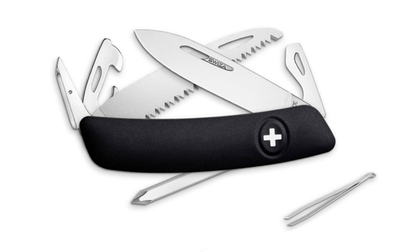 Swiza D06 Black Swiss Multi-Tool Knife. 3-3/4" closed length. Includes 75 mm blade, saw blade, blade lock, reamer/punch, sewing awl, bottle opener, #3 slotted screwdriver, #1 slotted screwdriver, #1 phillips screwdriver, wire bender, can opener, tweezers. Swiss Army Style Knife. Made in Switzerland.