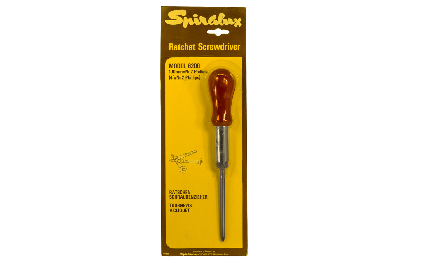 Spiralux screwdriver with No. 2 Phillips. Fully heat treated & tempered bar for long life. Ratcheting Spiralux screwdriver - 4" long blade (100 mm). Model No. 6200. Brand new old stock. Made in Gillingham, Kent. England