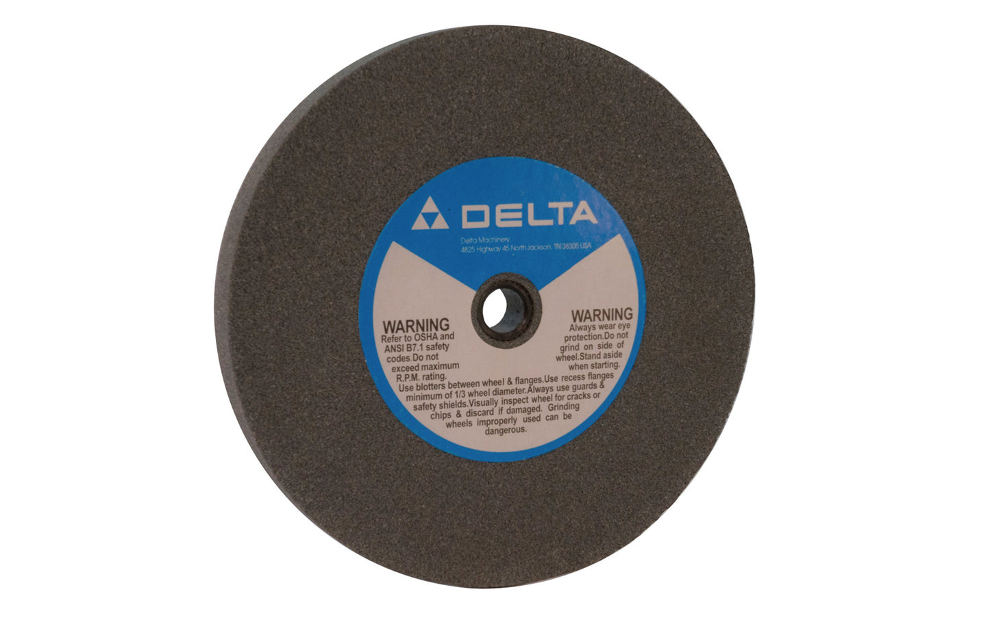 8" Aluminum Oxide Bench Grinding Wheel made by Delta. Designed for general purpose grinding on steel, high speed steels, & ferrous metals. Used for sharpening edges on tools. 8" diameter of wheel. 3/4" thickness. 36 grit.