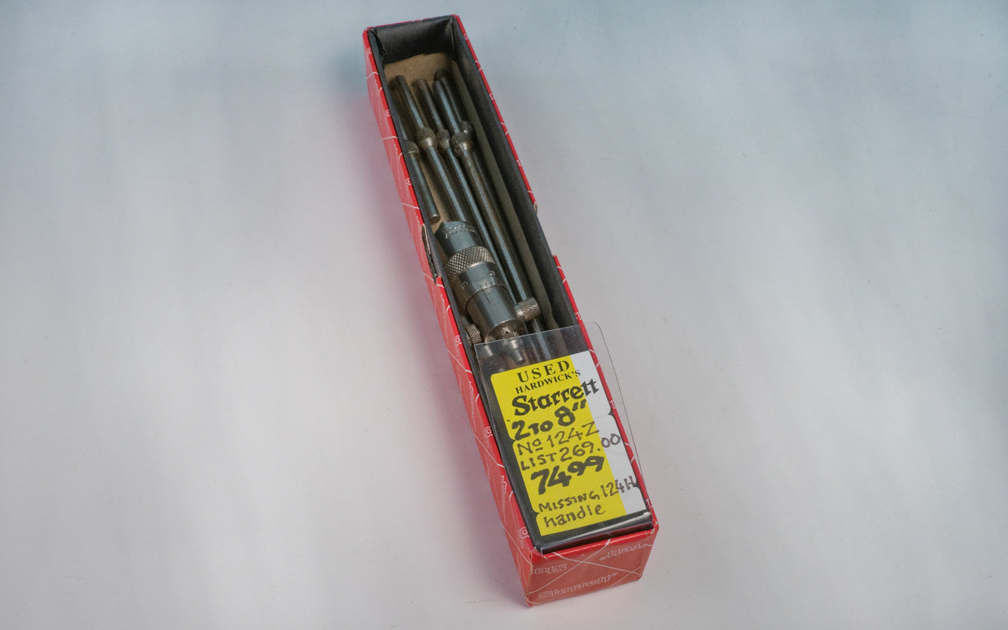 The Starrett 2" to 8" Solid Rod Inside Micrometer - USED. 50-200mm (2-8") Range, 0.01mm / .001" Grad. Model No. 124AZ. Made in USA.