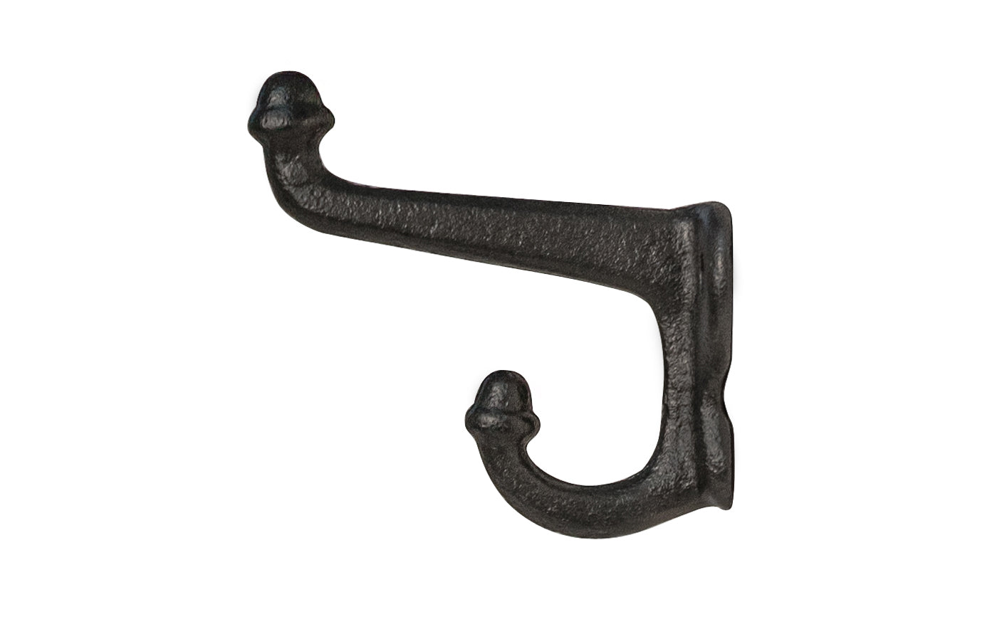 Charming vintage-style "schoolhouse" style black cast iron hook. Excellent for use in hallways, hall trees, kitchens, bedrooms, & other places. The double hook is made of strong cast iron material, making it durable for heavy coats, bags, & clothing. Made of durable cast iron material. 3" projection size. Acorn hook.