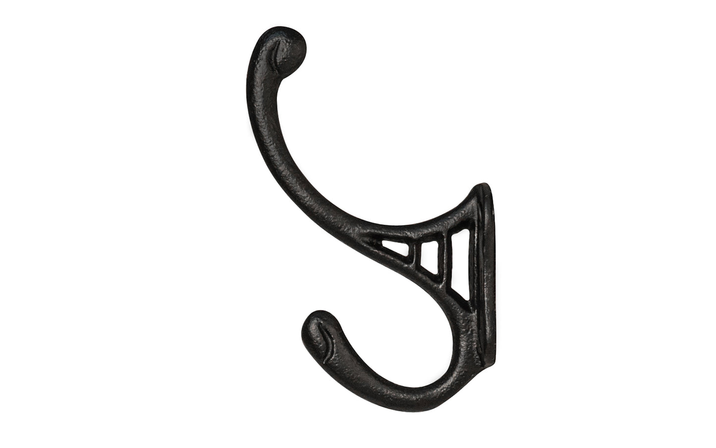 Vintage-style Hardware · Traditional Black Cast Iron Hall Tree Hook. For use in hallways, hall trees, coat racks, kitchens, bedrooms. Strong cast iron material, making it durable for heavy coats, bags, & clothing. Double hook for hanging multiple items. Designed in the Victorian, Late 19th Century style hardware.