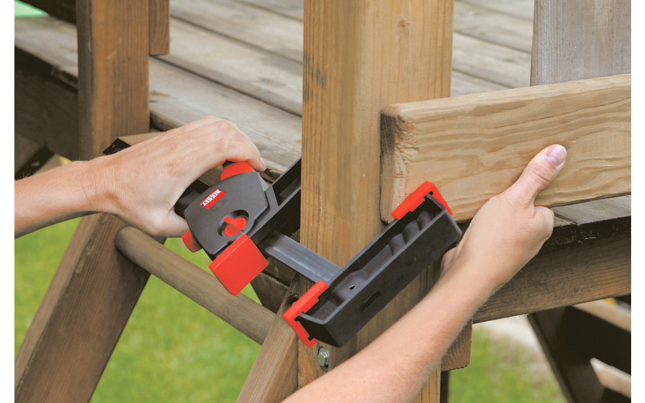 Bessey 18" DuoKlamp Clamp ~ DUO45-8 - One handed clamp & spreader. Clamp or spread with the turn of a button, no tools necessary. 18" max opening & 3-1/4" deep throat. Jaws resist flex & withstand up to 260 lb. of clamping force. Soft pressure caps prevent marring of wood by distributing pressure over a greater area.