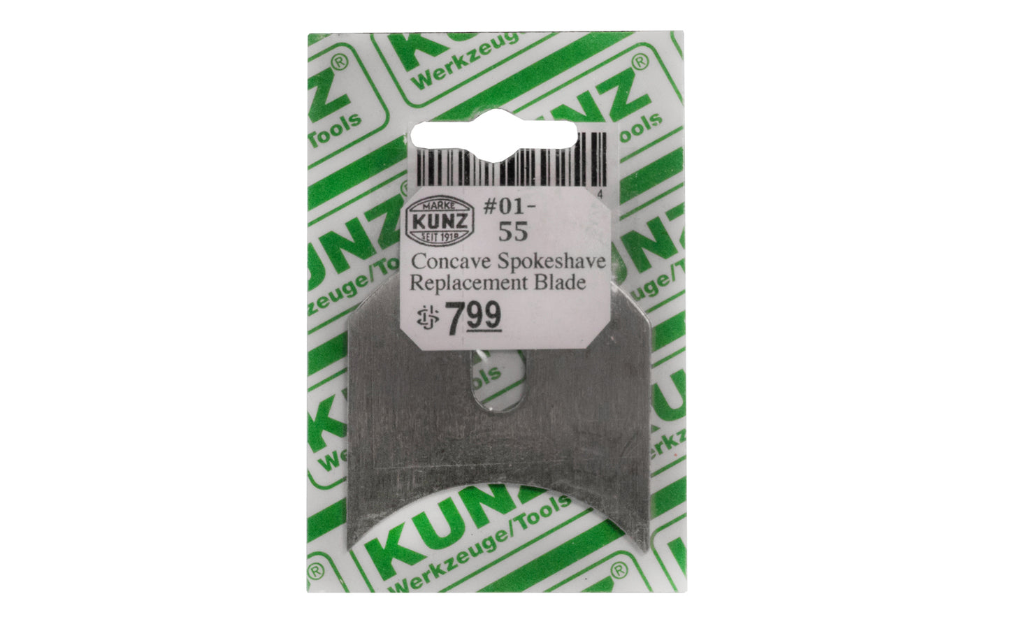 Kunz Replacement Blade for No. 03-55 Spokshave made by Kunz Tools in Germany. Honing is recommended before use.