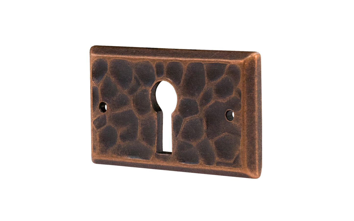 Vintage-style Hardware · Solid Brass Hammered Rectangle Keyhole. Designed in the Mission or Arts & Crafts style, Gustav Stickley style hardware. Rustic hammered keyhole in an Antique copper finish. Thick keyhole plate. 1" high x 1-5/8" wide plate. Reproduction hardware.