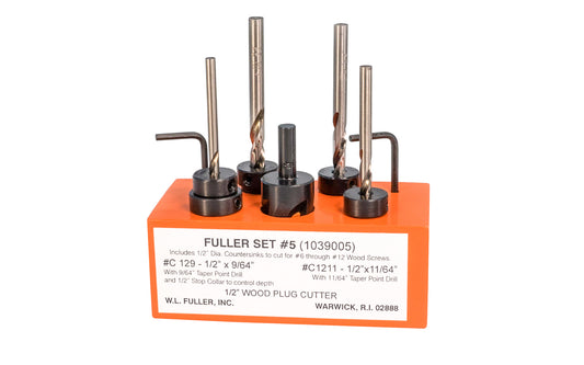 WL Fuller Combination Countersink & tapered bit together ~ 10390005 - No. 5 Set Countersinks with Taper Point Drills mounted in wood holder, with matching Stop Collar & Plug Cutter. C129 for #6 screws, C1211 for #8 screws, C102 for #10 screws, C12 for #12 screws. Includes a 1/2" ID stop collar & 1/2" plug cutter.