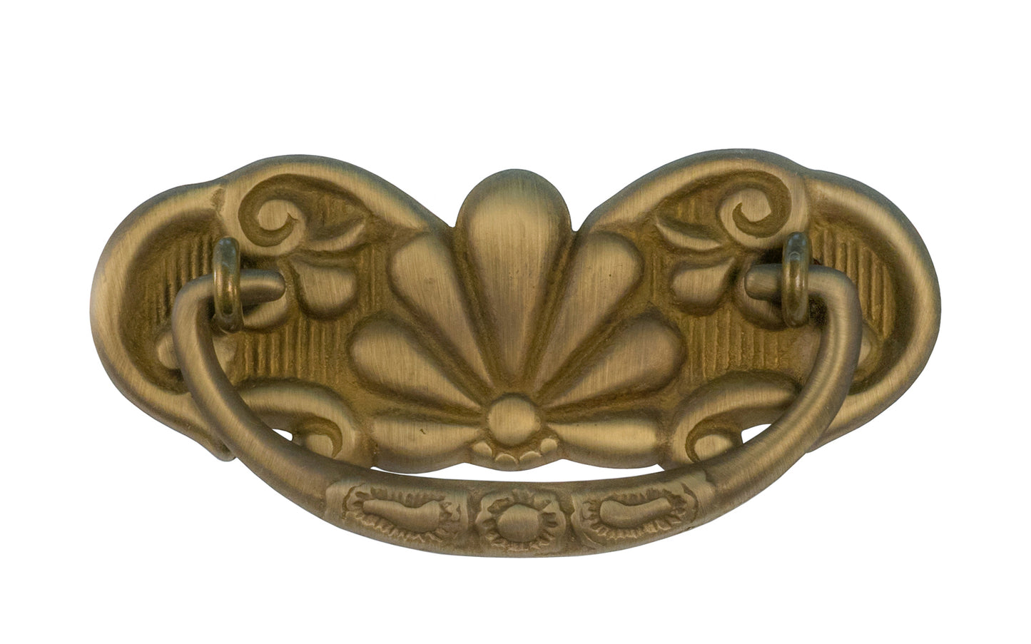A traditional & ornate 3" on centers drop pull that's great for dressers, drawers, cabinets, tables, desks. Made of quality solid cast brass material, this drop pull is very durable with a nice look. Antique Brass Finish.