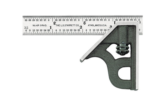 The Starrett 4" Combination Square with Square Head features a reversible lock bolt and hardened steel, photo-engraved blade with regular finish. This product also includes a cast iron head with black wrinkle finish. 4", 4R Grad, Regular Blade. Starrett combo square.  EDP 50049. Made in USA.